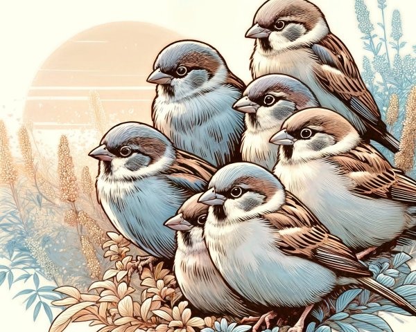 Sparrows Nestled Among Flowers and Blue Foliage Illustration
