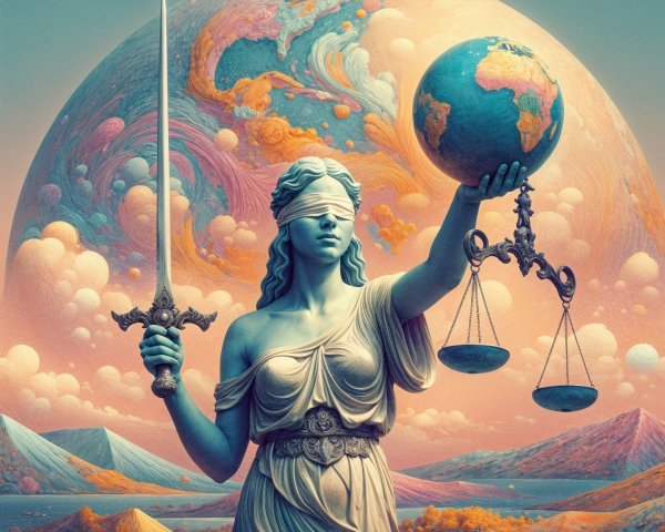 Stylized Lady Justice in a Dreamlike Landscape