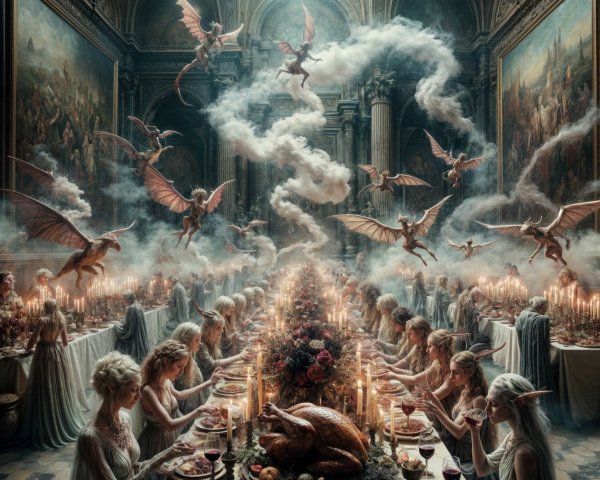 Ethereal Figures Dining in an Ornate Hall Setting