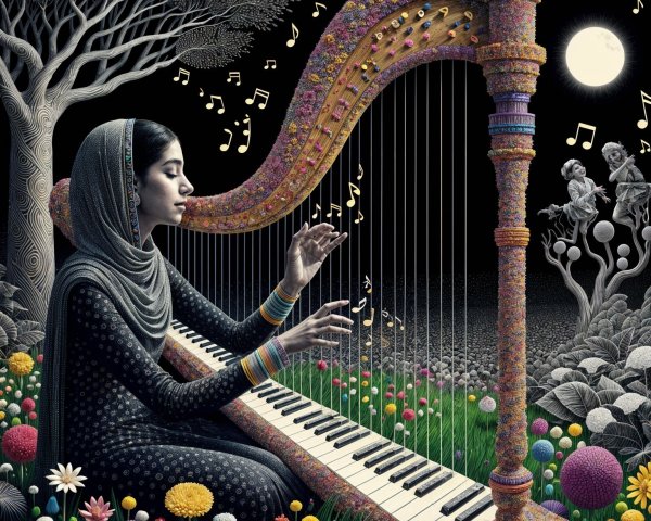 Young woman playing harp in a vibrant garden scene