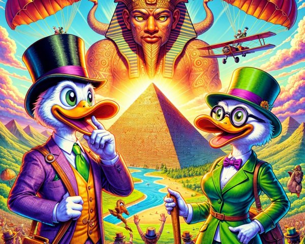 Anthropomorphic Ducks by Pyramid with Pharaoh Statue