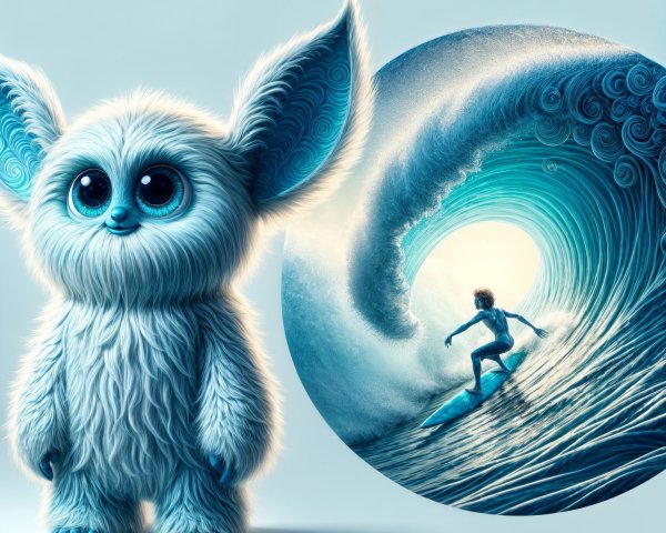 Whimsical Blue Creature by Vibrant Surf Scene