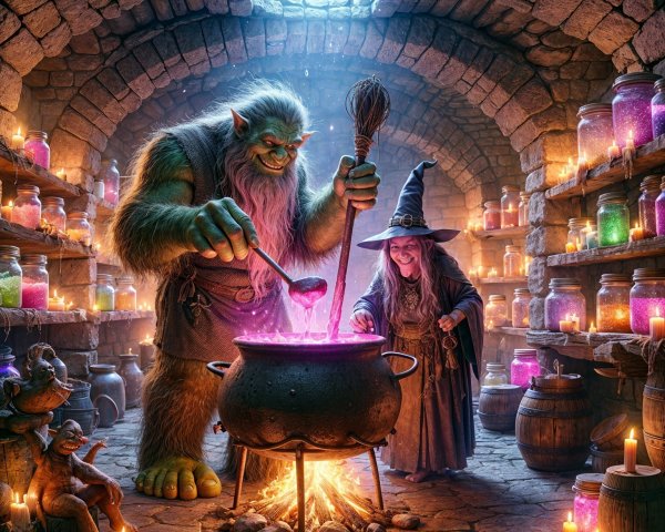 Ogre and Witch in a Mystical Stone Cellar Scene