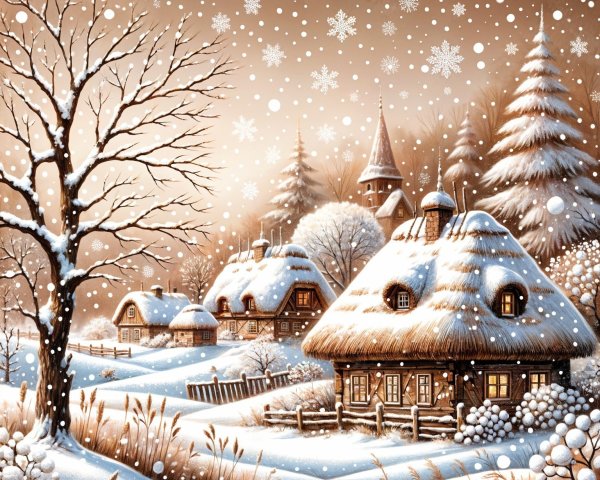 Serene Winter Landscape with Cottages and Snowflakes