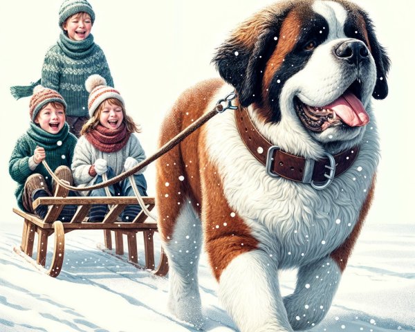 Children Sledding with Saint Bernard in Snowy Landscape