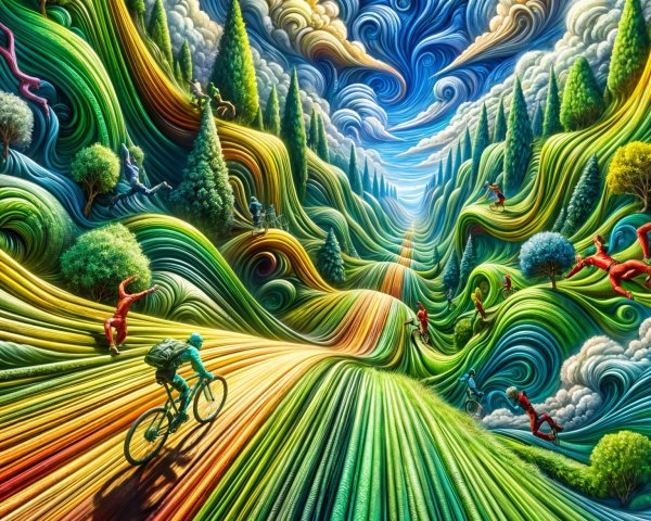 Surreal Landscape with Cyclist and Playful Figures