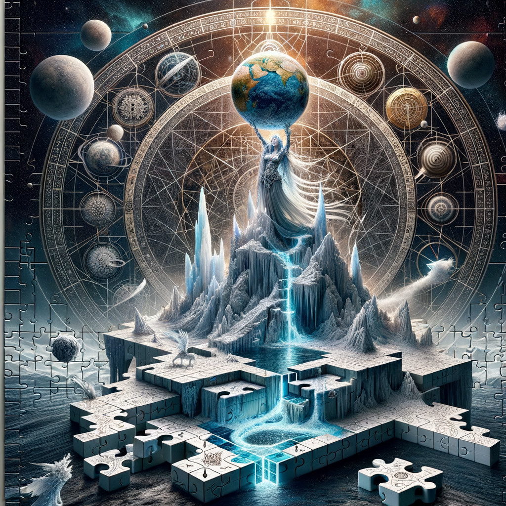 Mystical Landscape with Icy Mountain and Celestial Bodies