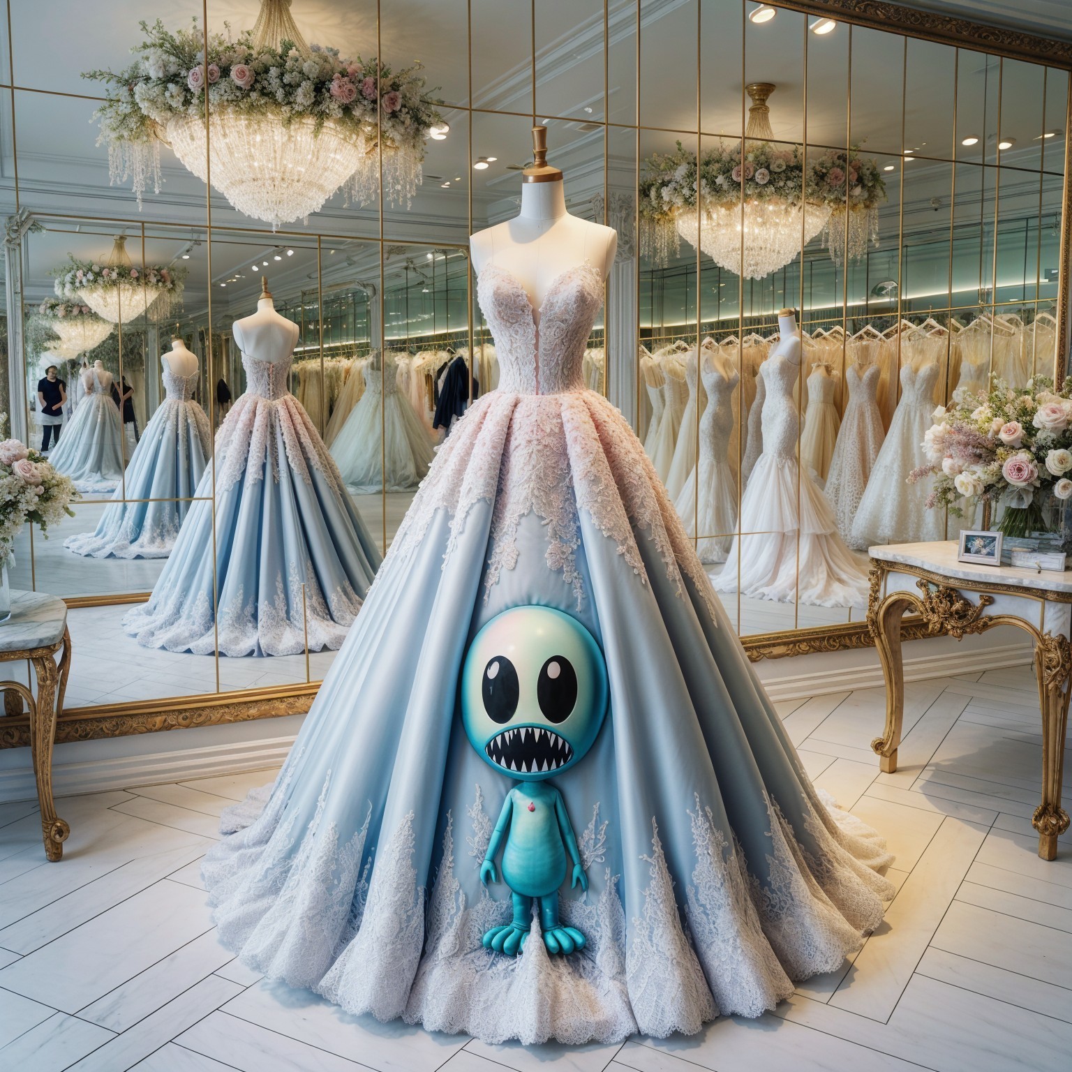 Bridal Gown with Lace Details and Cartoon Alien Character