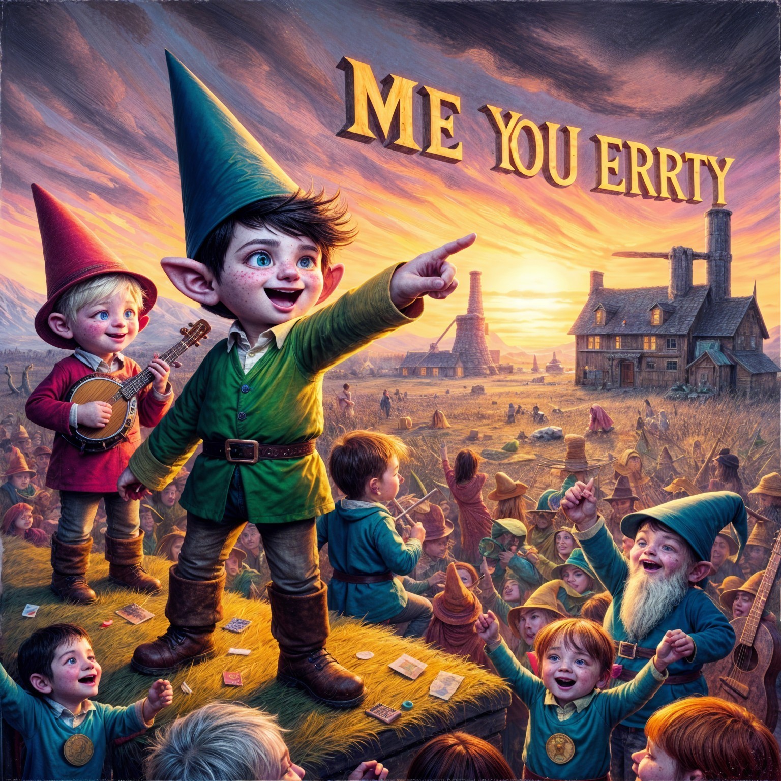 Whimsical Scene of a Boy and Celebrating Children