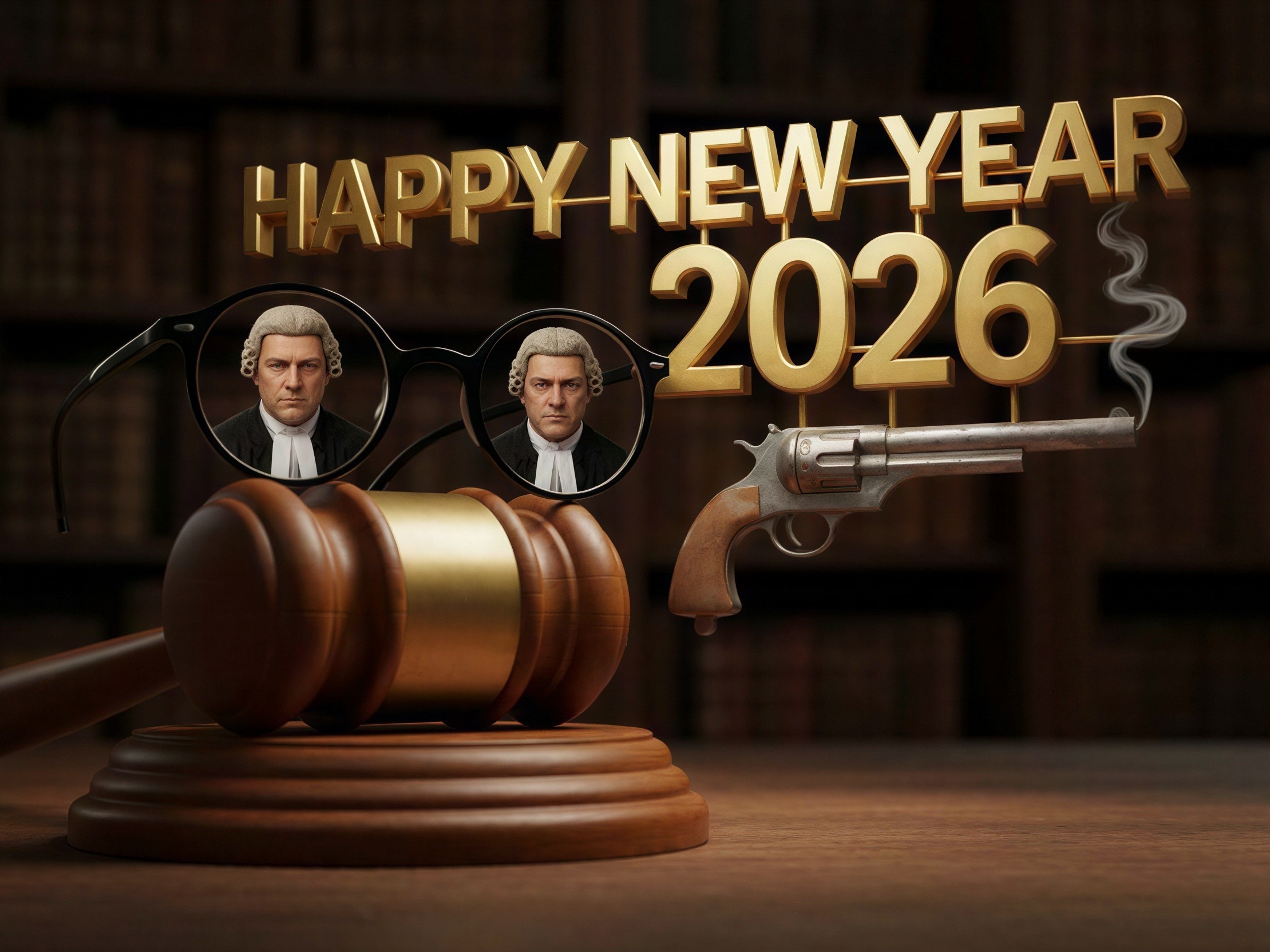 3D Render of Gavel with Spectacles and New Year Theme