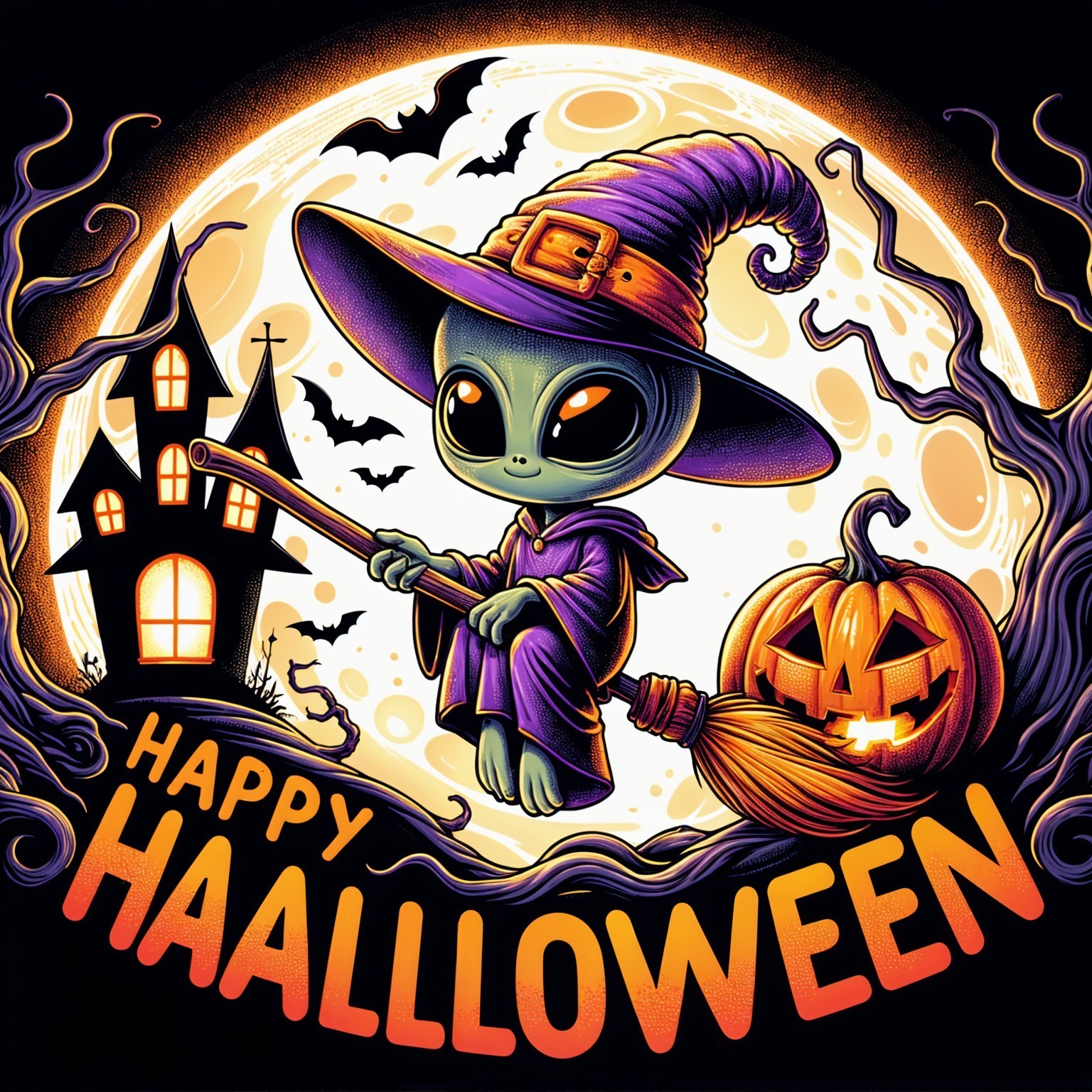 Alien in Witch Hat Flying Over Halloween Scene