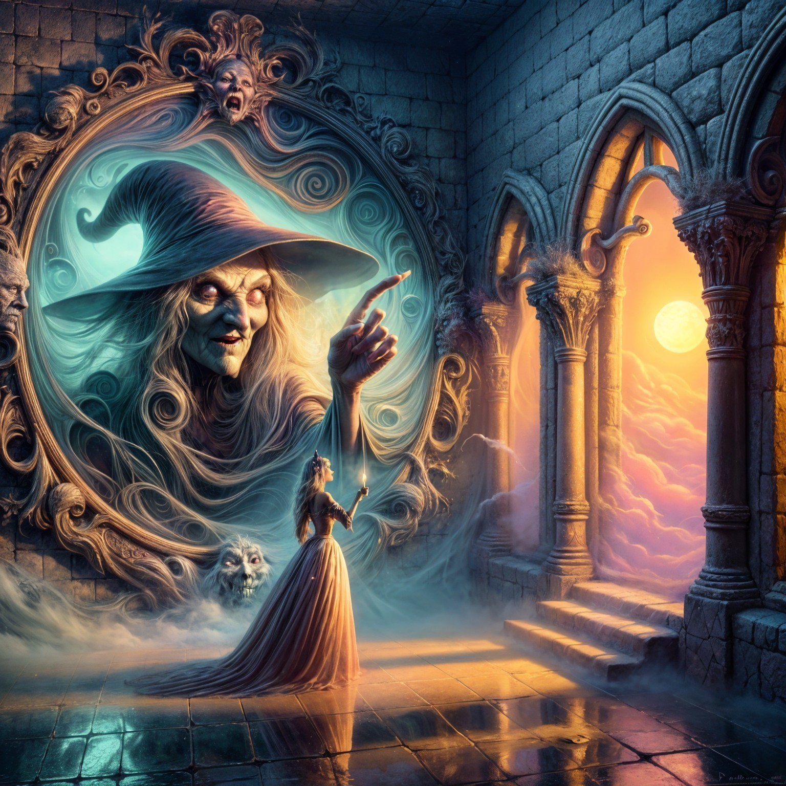 Mystical Chamber with Woman, Candle, and Eerie Mirror