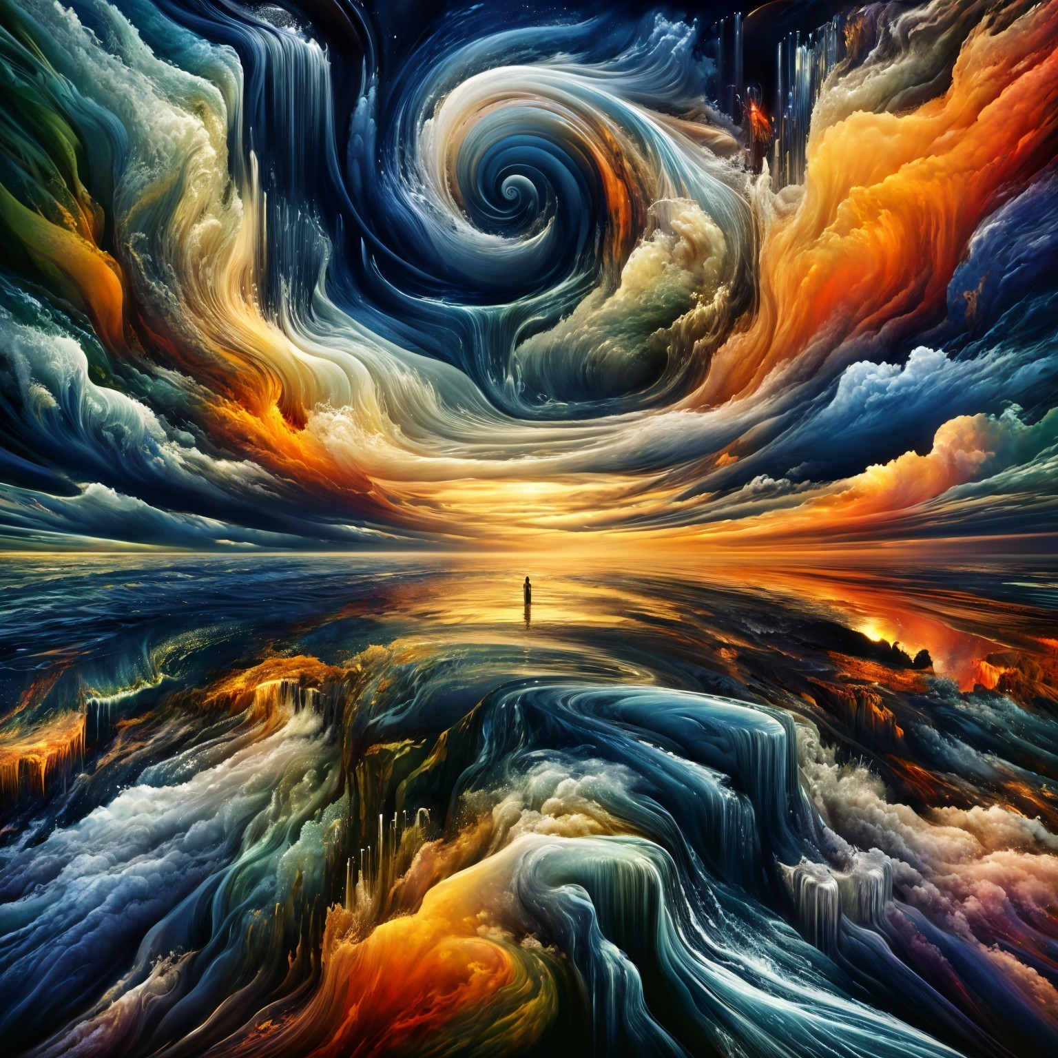 Vibrant Sunset Over Ocean with Solitary Figure
