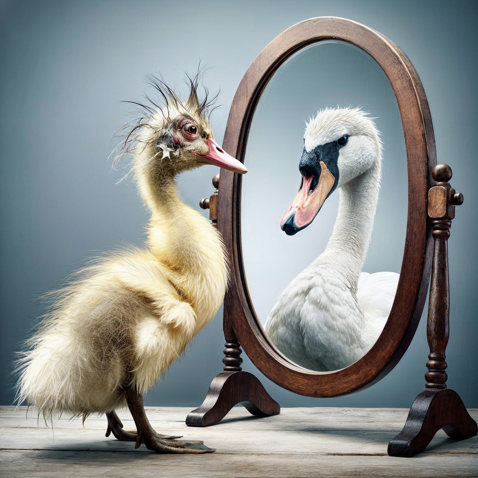 Duckling Gazing at Swan Reflection in Ornate Mirror