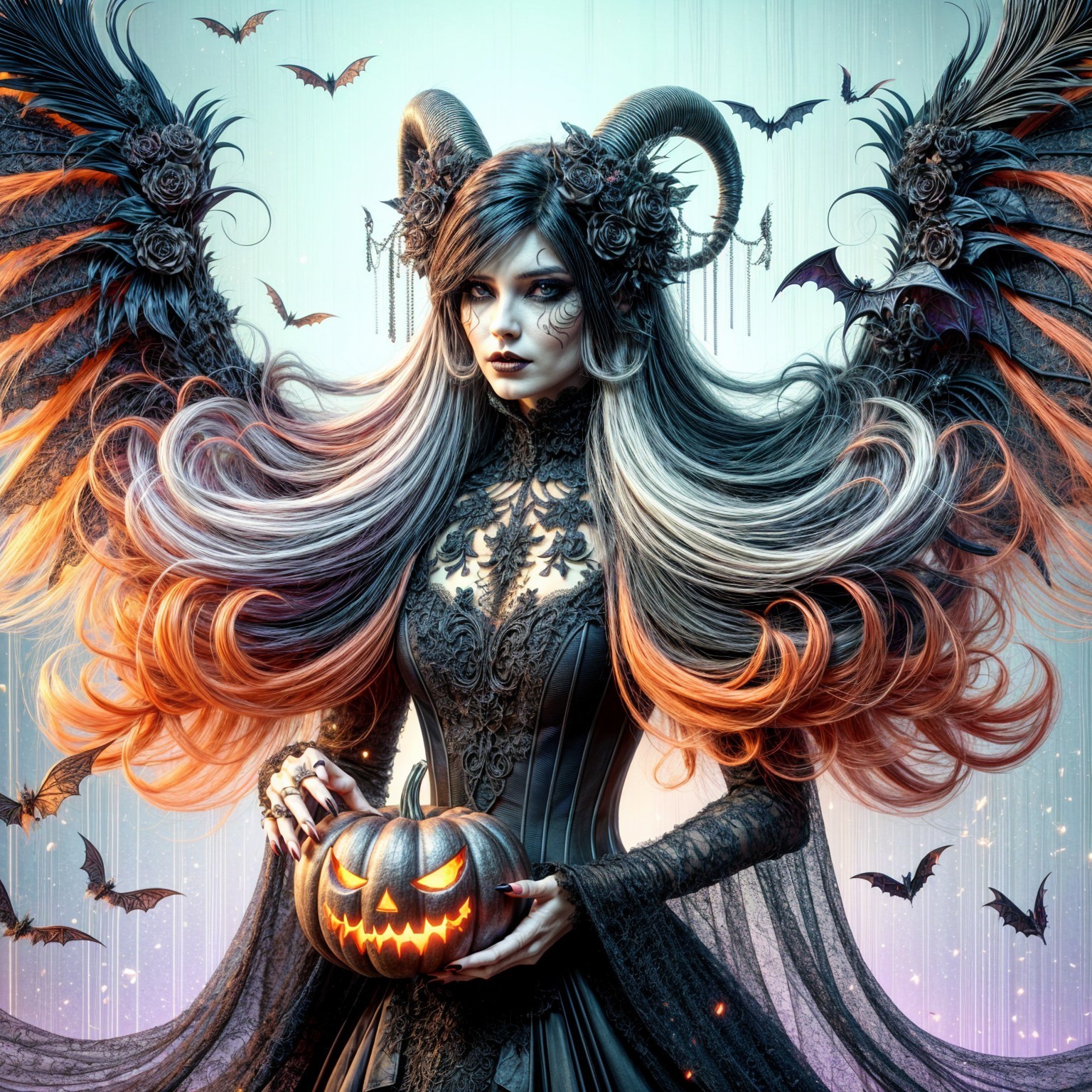 Gothic figure with bats, lace gown, and carved pumpkin