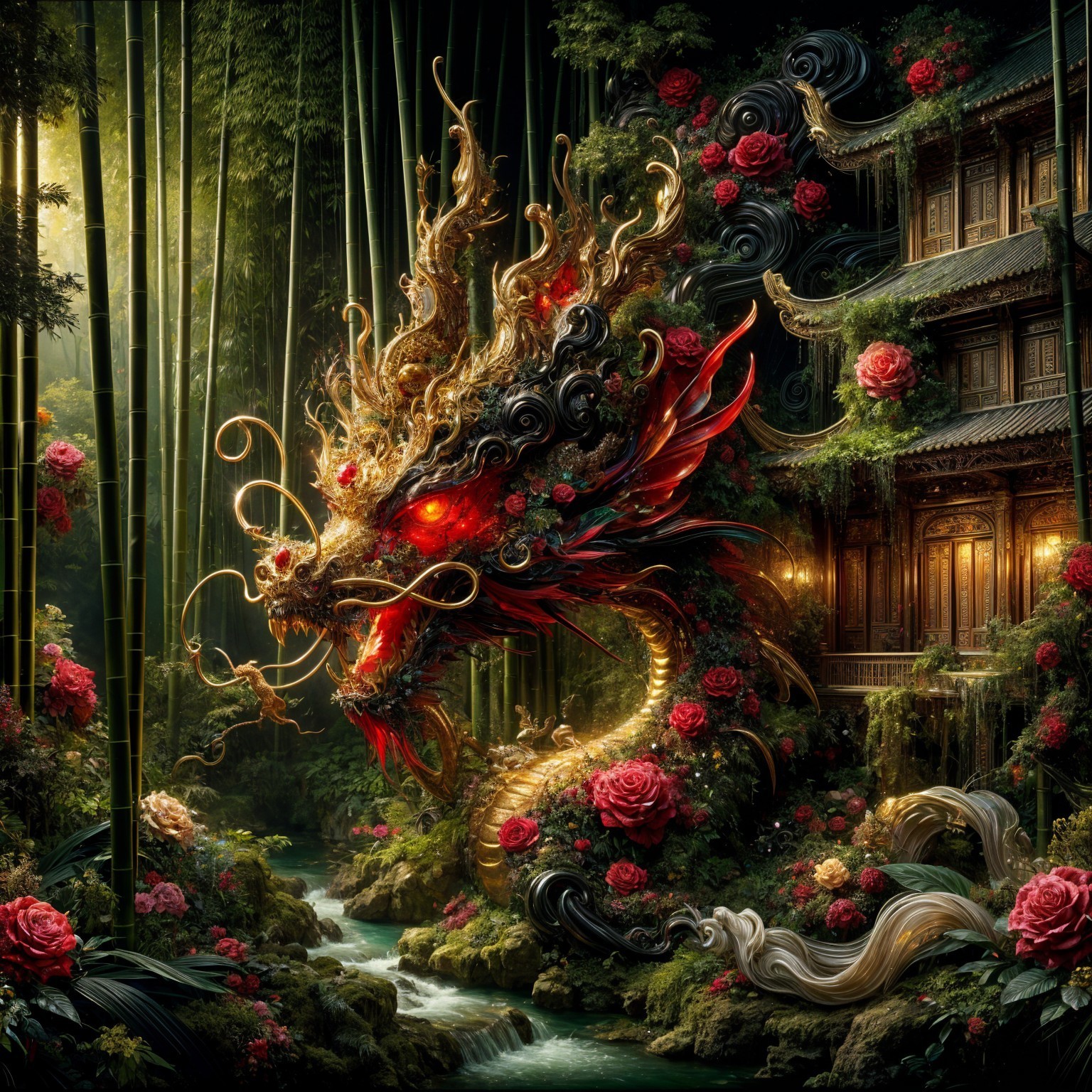 Majestic dragon in a vibrant bamboo and rose setting