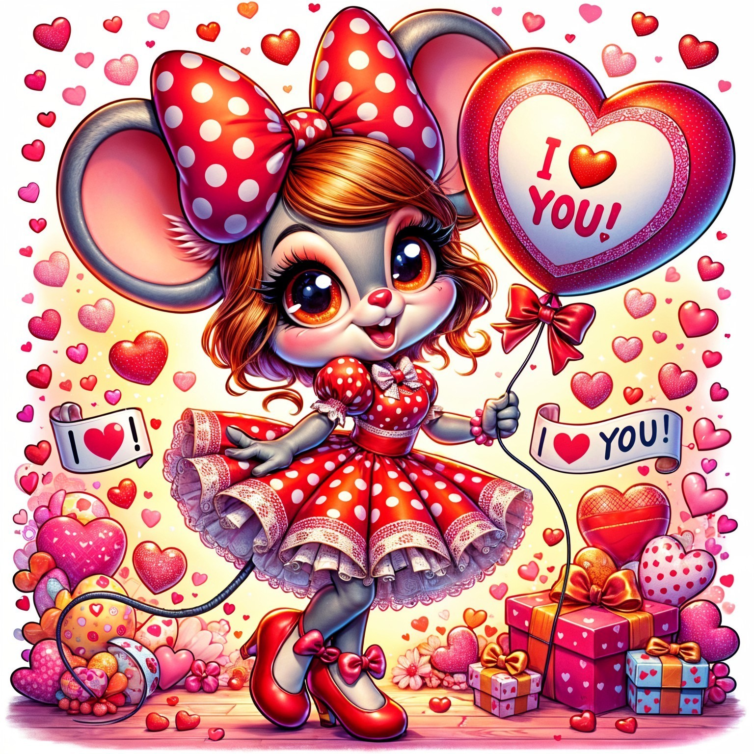 Cartoon Mouse with Heart Balloon and Colorful Hearts