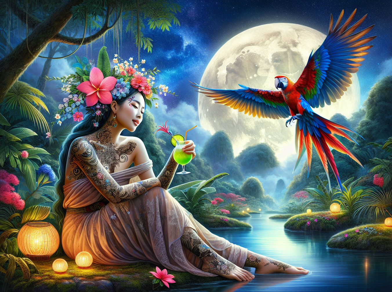 Serene Woman in Moonlit Jungle by Tranquil River