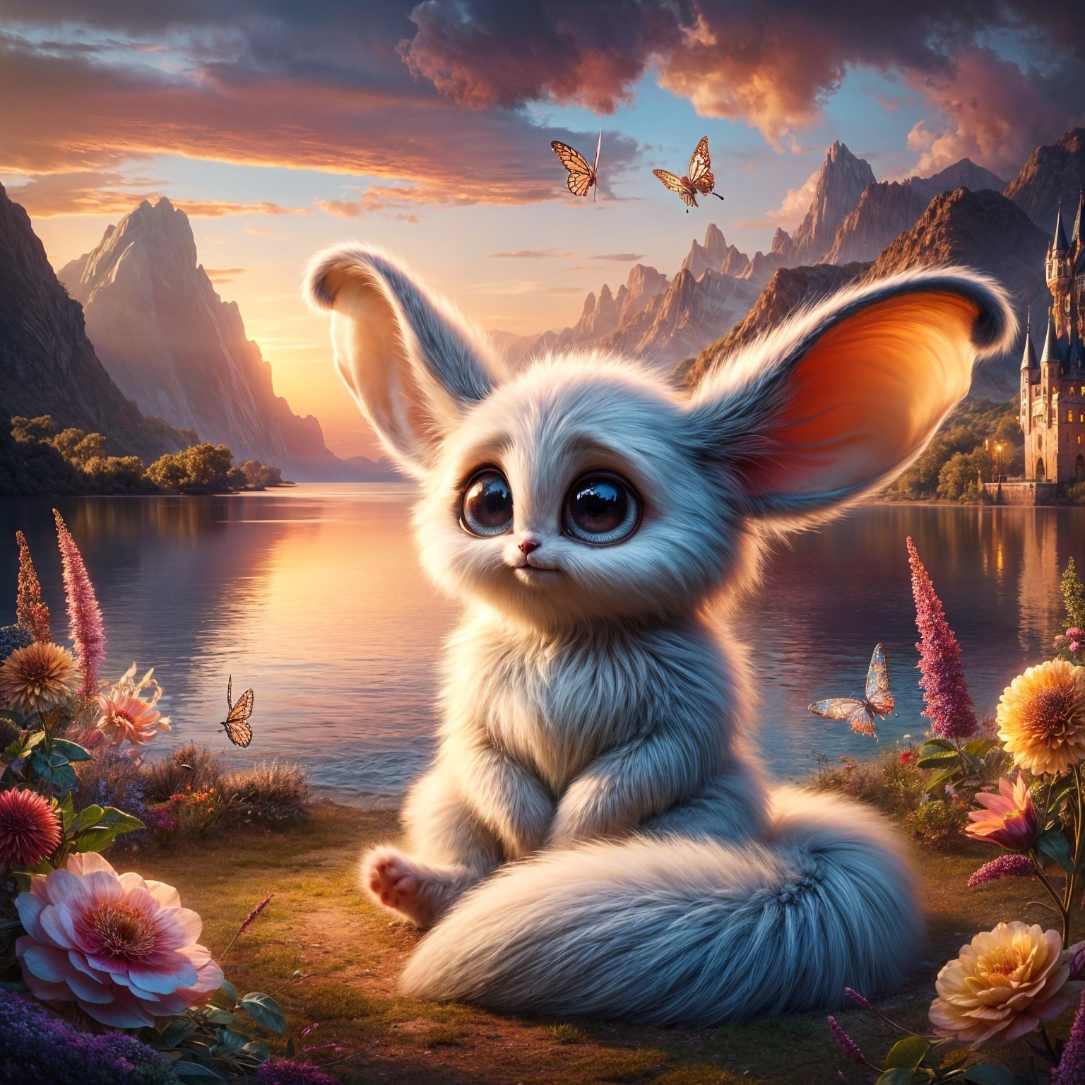 Magical Sunset Landscape with Fluffy Creature by Lake