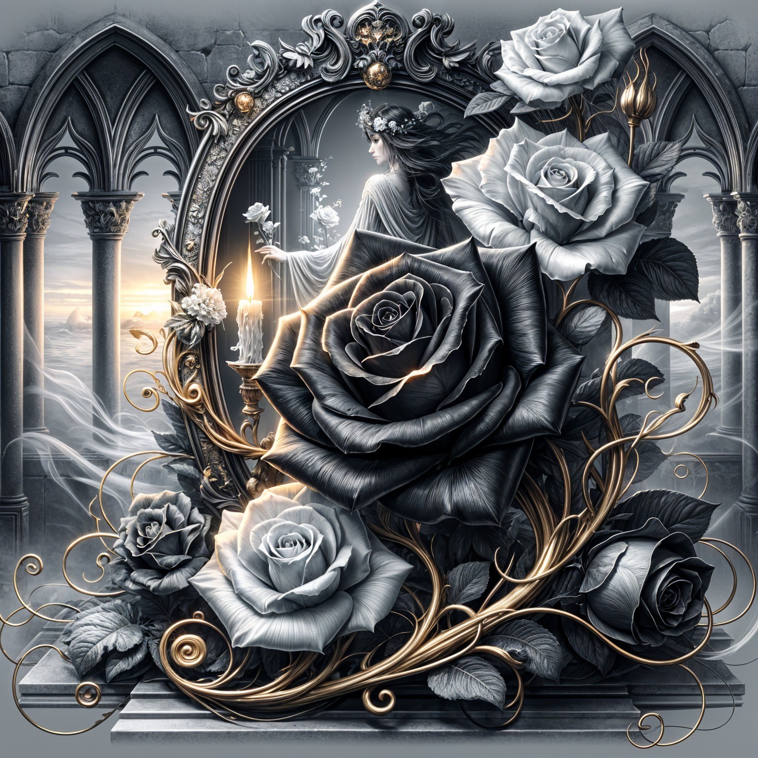 Black and White Roses with Golden Vines and Gothic Elements