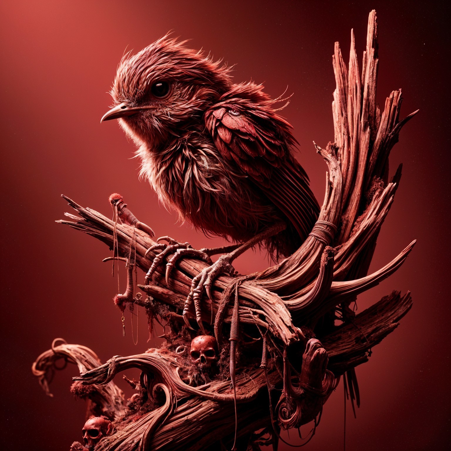 Fluffy Bird on Twisted Branch in Red-Hued Scene