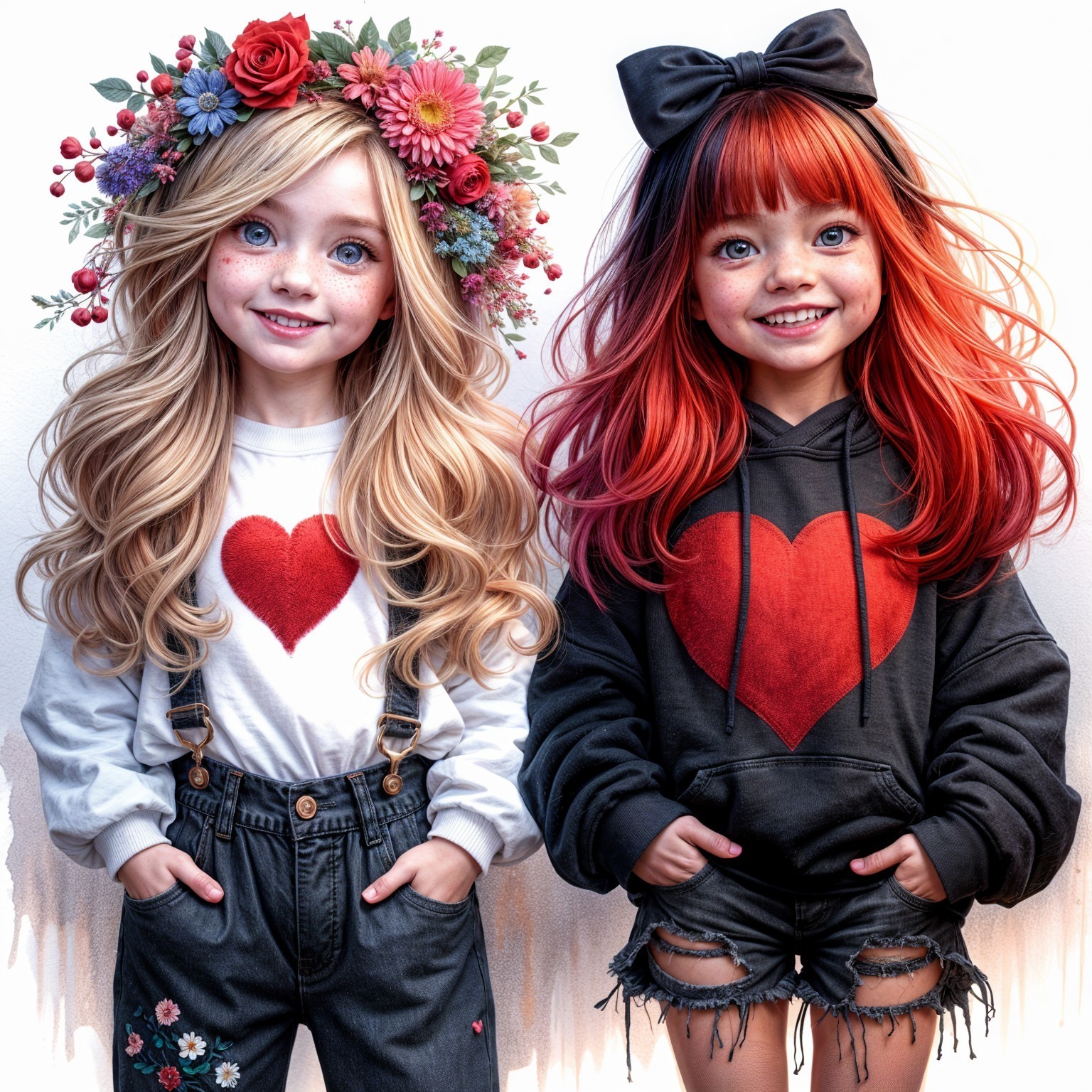 Cheerful young girls in stylish outfits and floral crown
