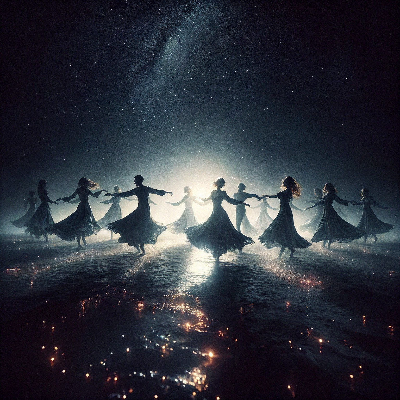 Ethereal Dance of Figures in a Dark Landscape