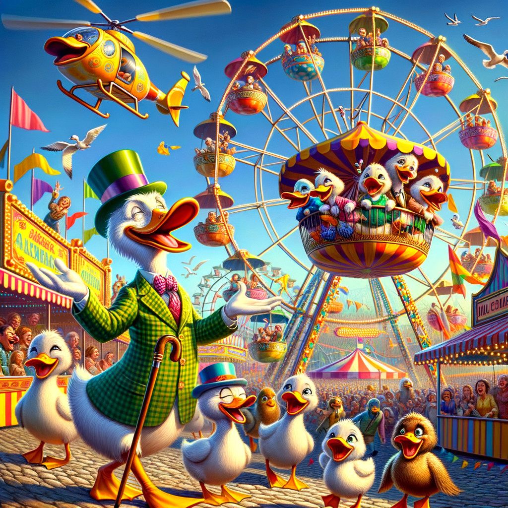 Whimsical Carnival Scene with Dapper Duck and Ducklings