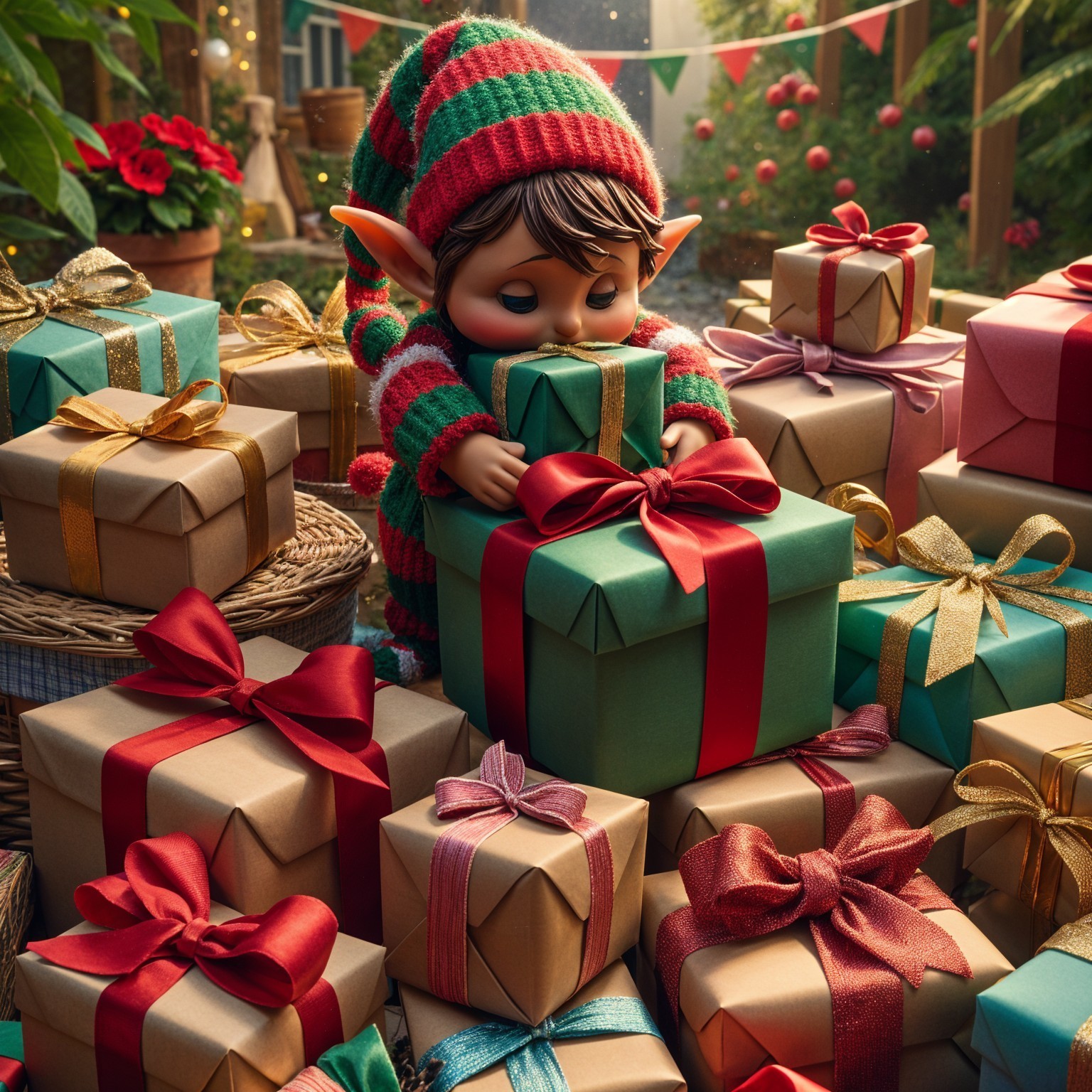 Cheerful elf doll with gifts in festive setting