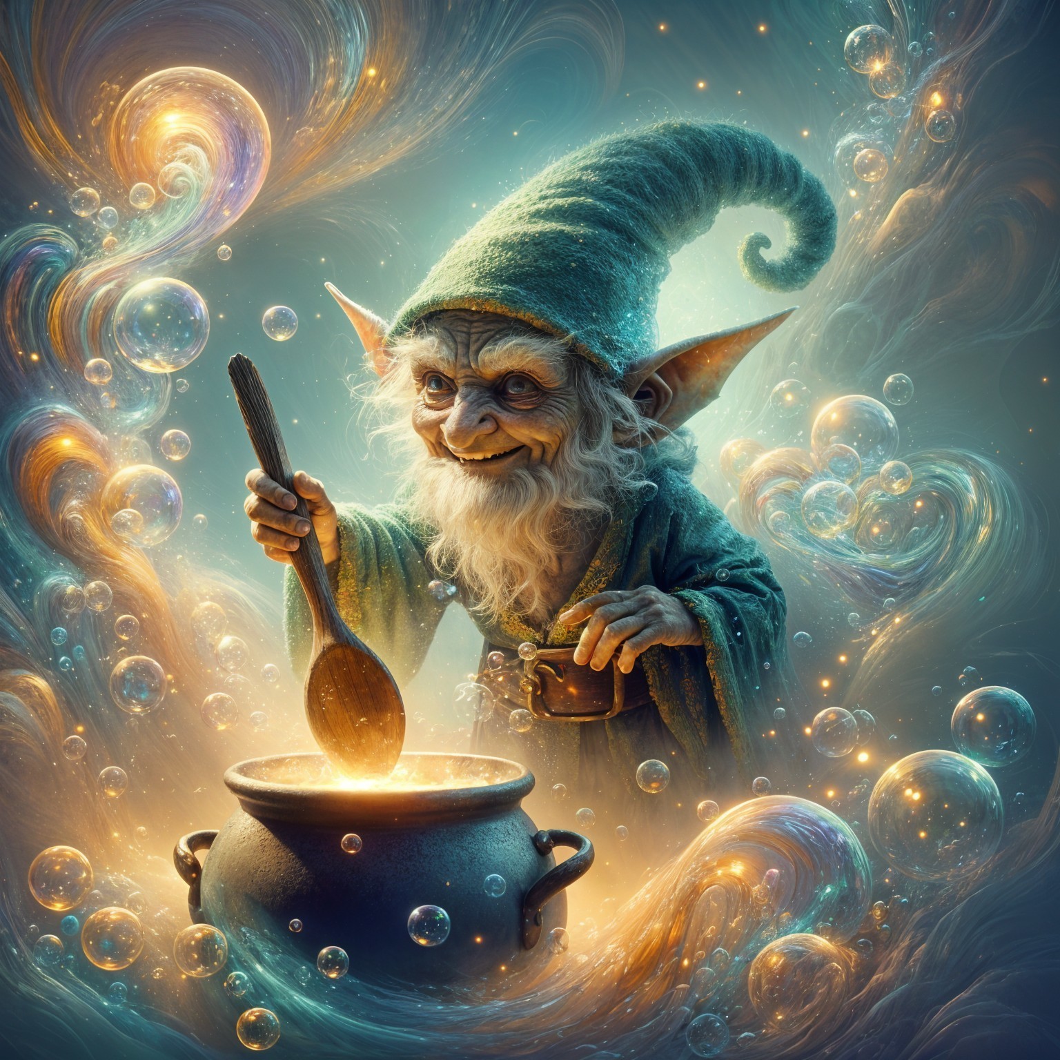 Cheerful gnome stirring a magical bubbling cauldron