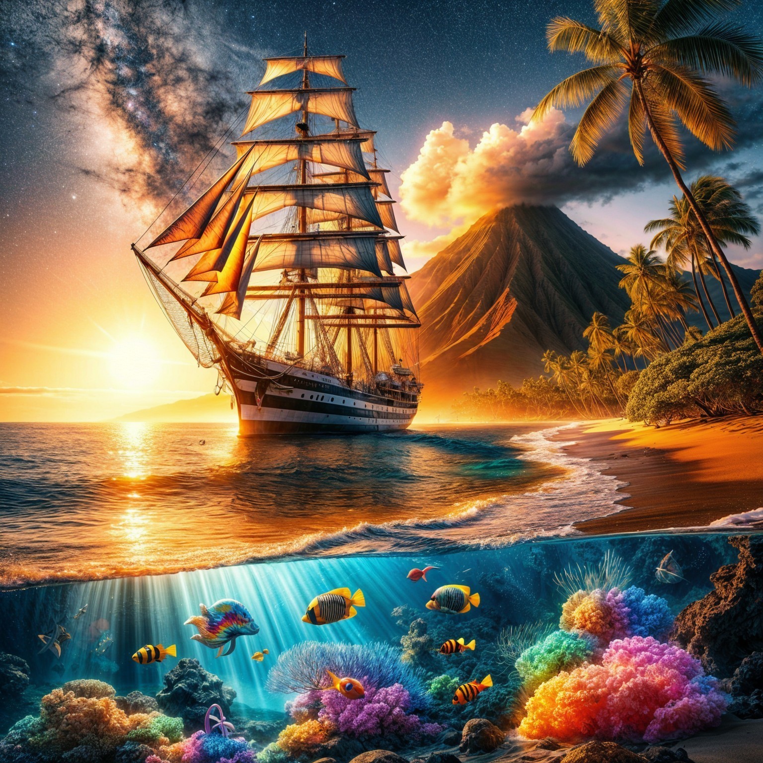 Tall Ship at Sunset with Volcano and Coral Reefs