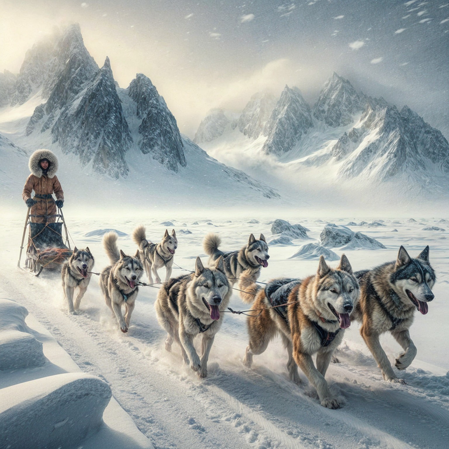 Husky Sledding in a Rugged Arctic Landscape