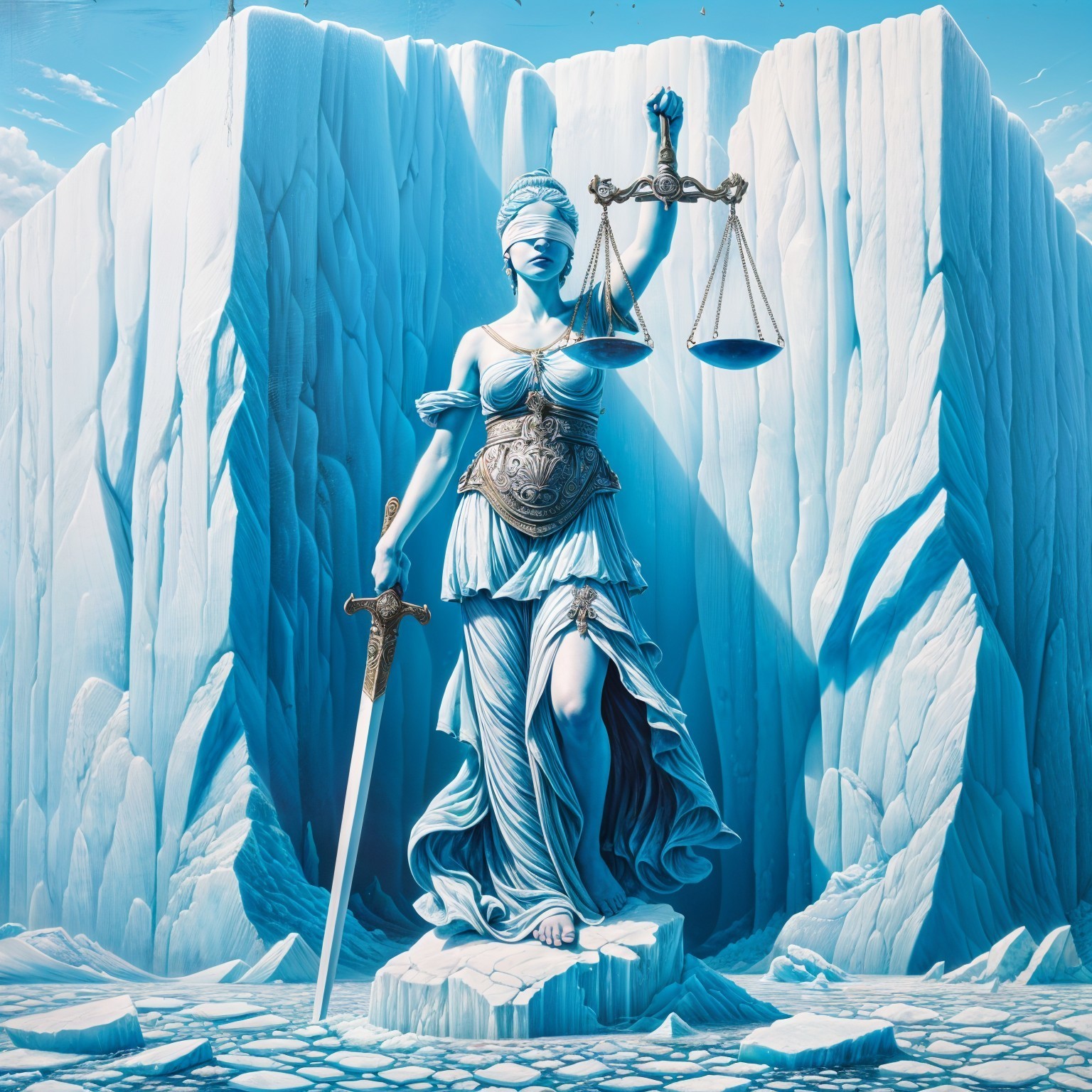 Statue of Justice on Rocky Icy Platform with Scales