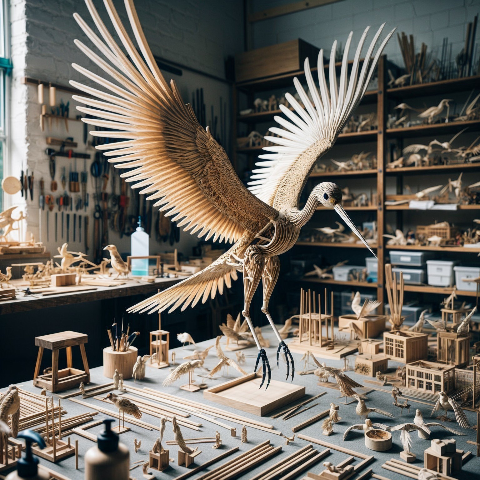 Wooden Crane and Bird Sculptures in Workshop Setting