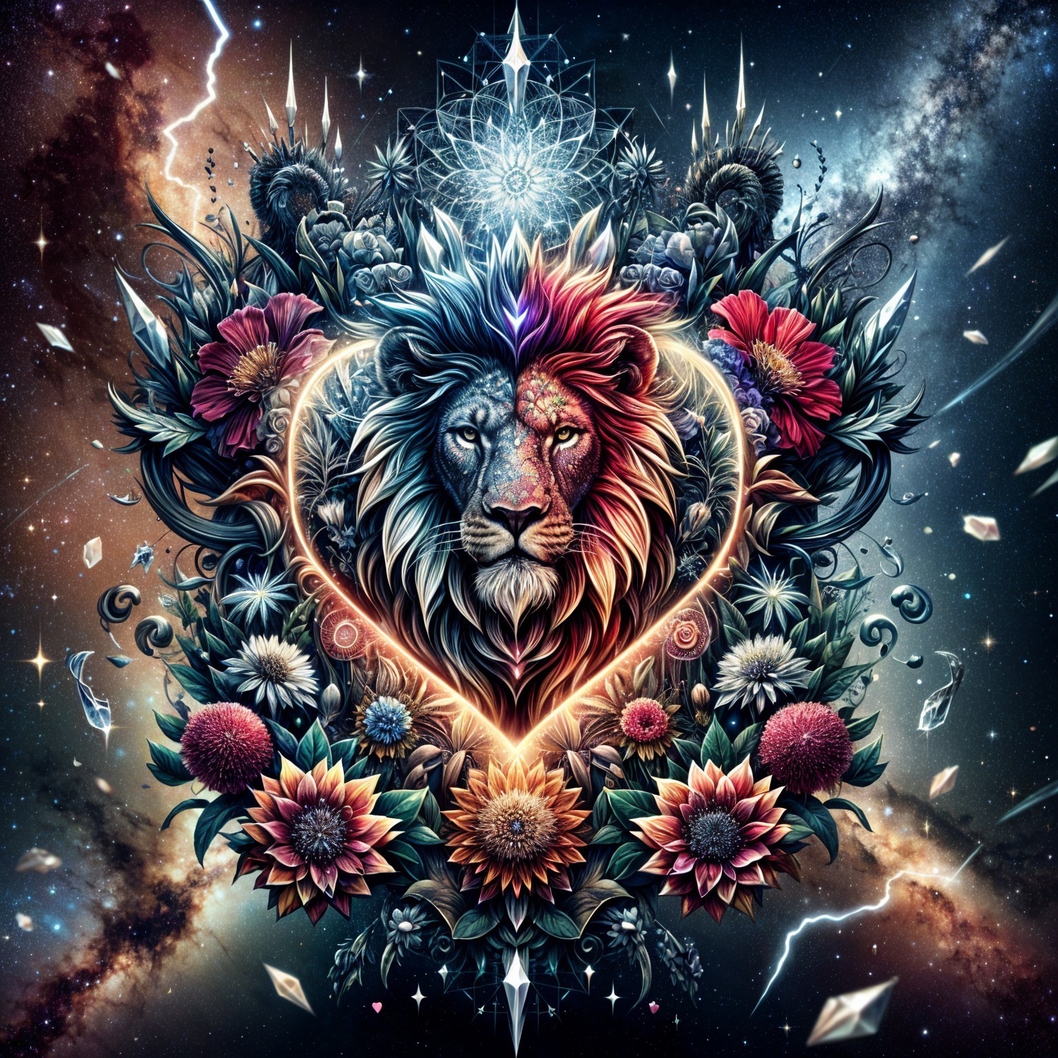 Lion's Face Surrounded by Flowers and Cosmic Elements