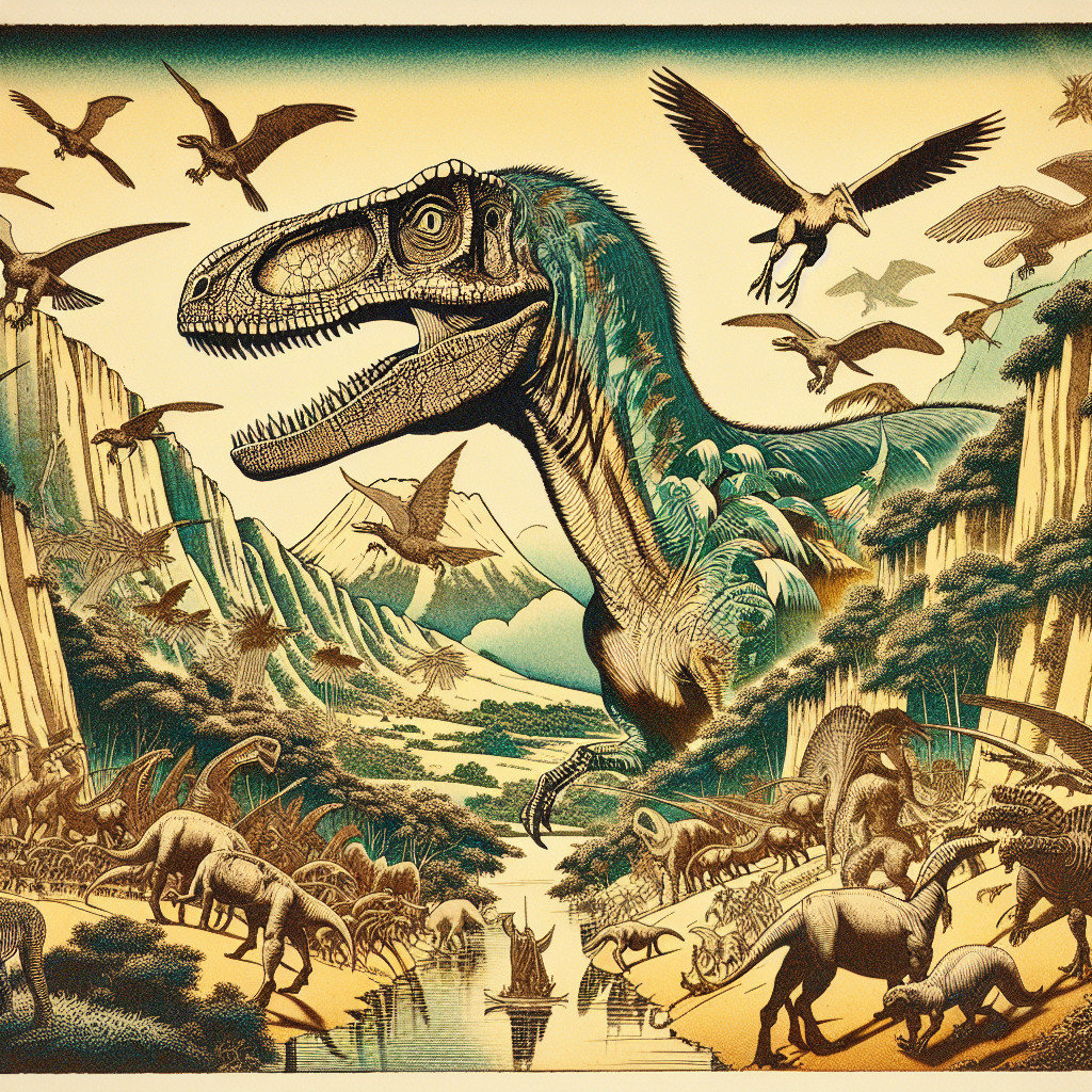 Prehistoric Valley Scene with Diverse Dinosaurs