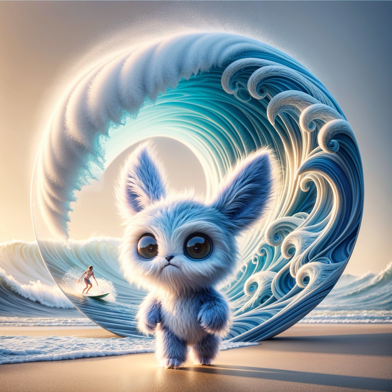 Fluffy Blue Bunny on Beach with Ocean Wave and Surfer