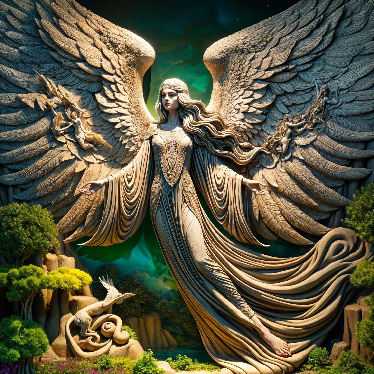 Angelic Figure with Detailed Wings in Serene Landscape