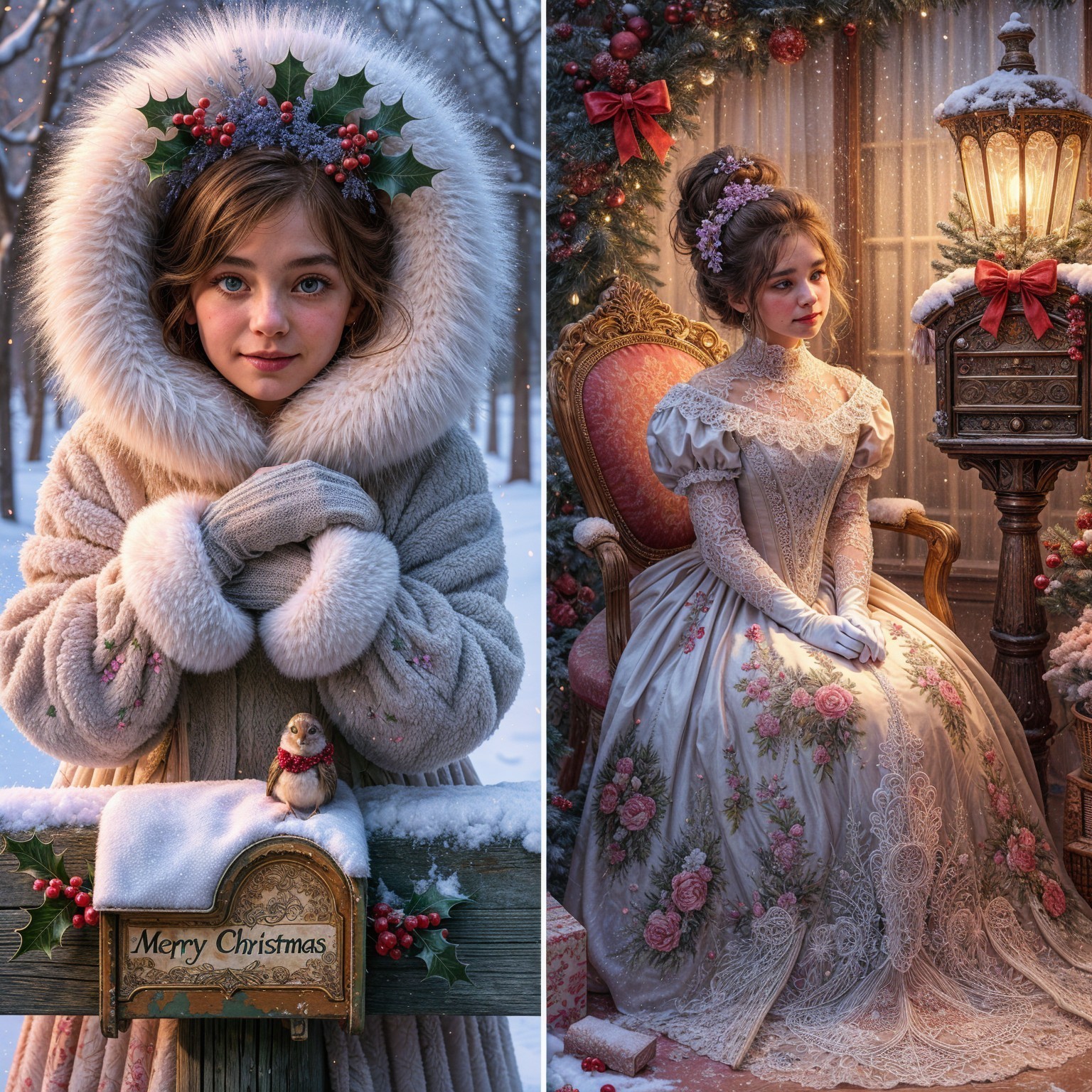 Winter Scene with Young Girl in Holiday Attire