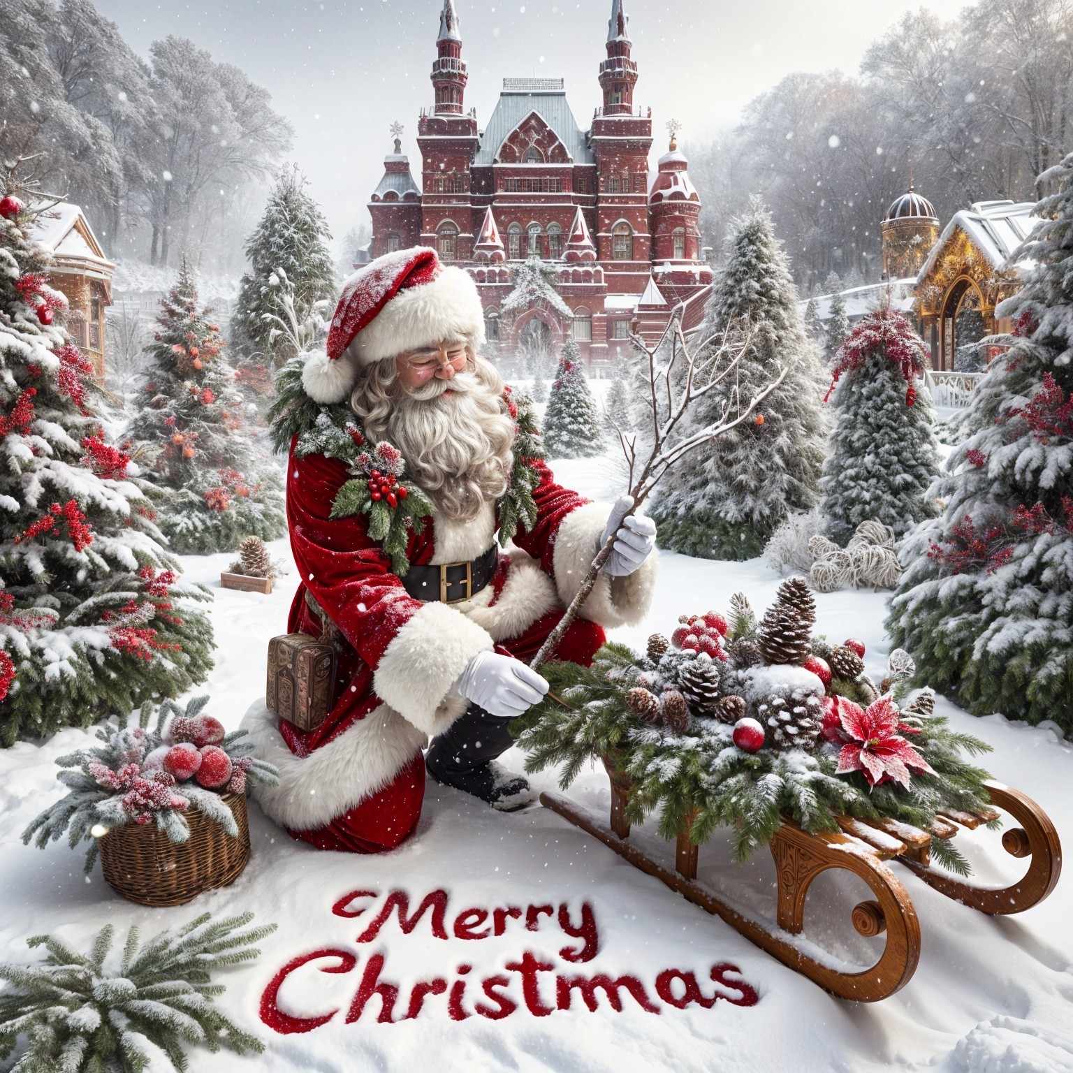 Santa Claus in a snowy landscape with festive trees