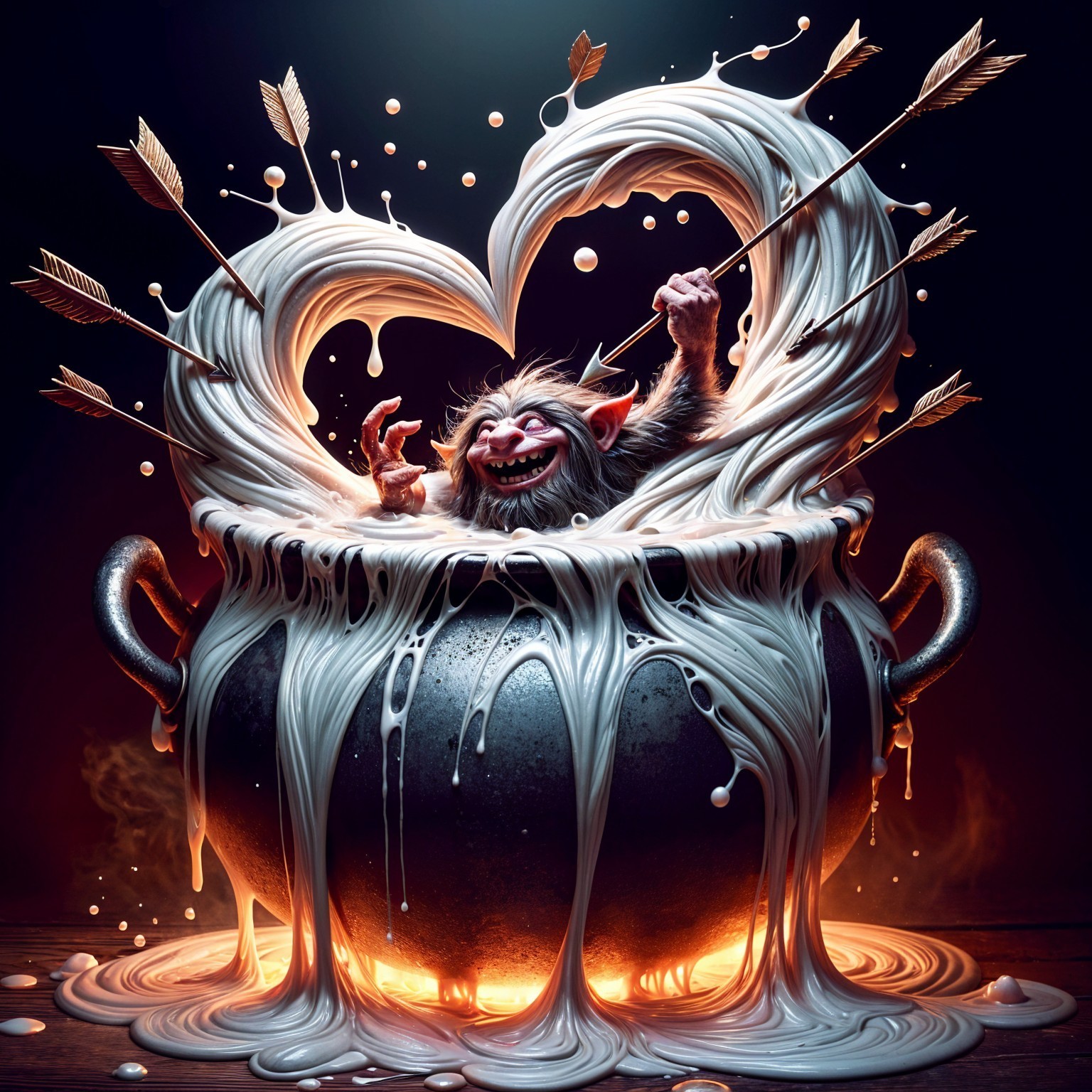 Mischievous creature in glowing cauldron with bubbles