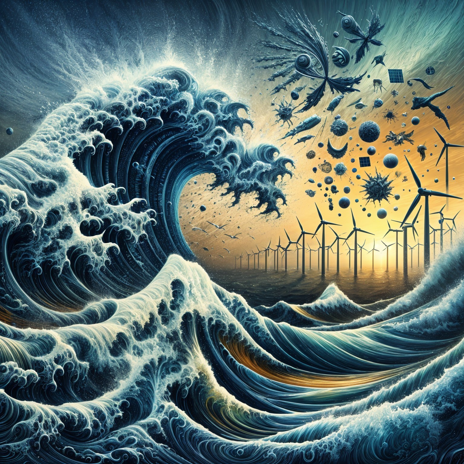 Dramatic Ocean Scene with Waves and Cosmic Elements