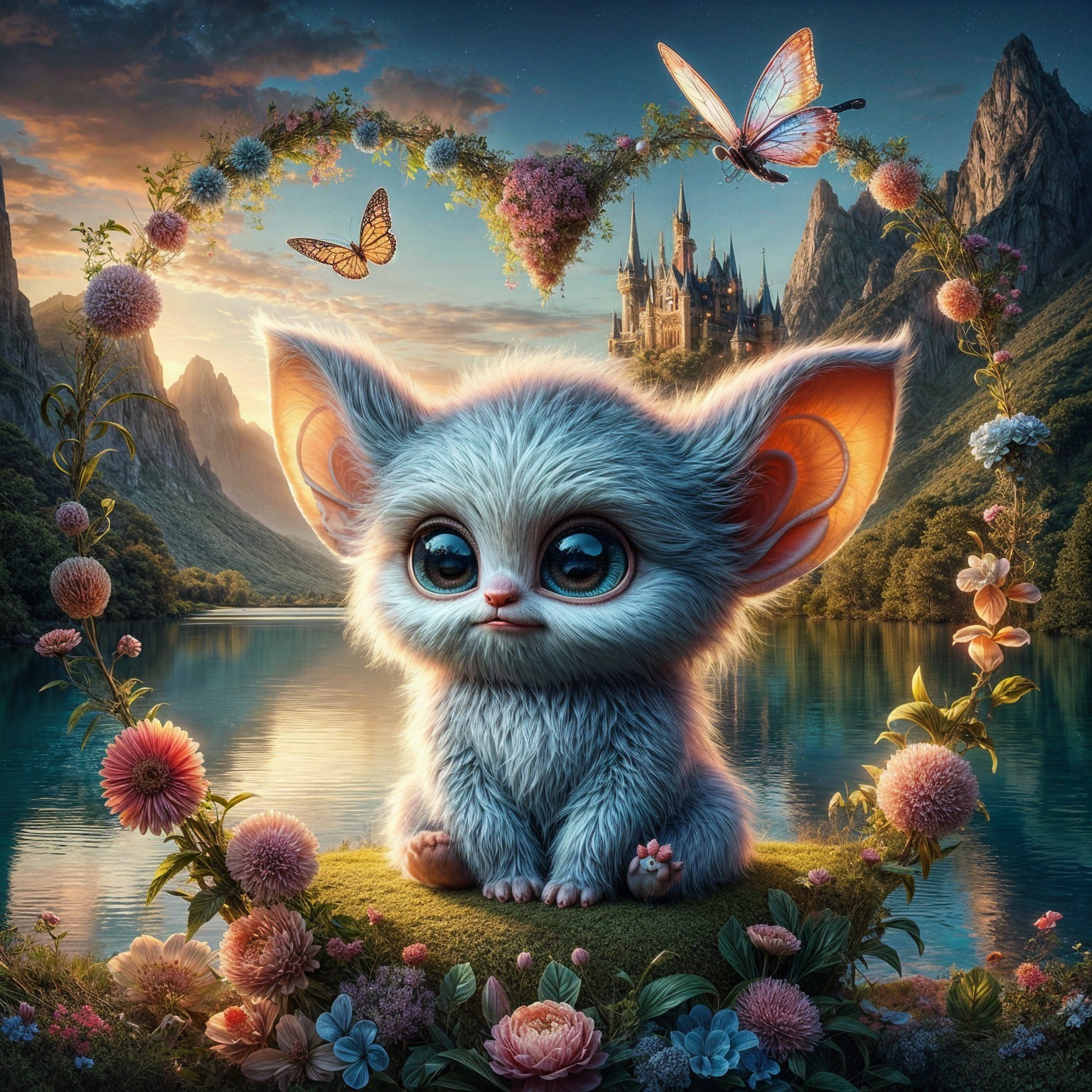 Whimsical Creature in a Vibrant Floral Landscape