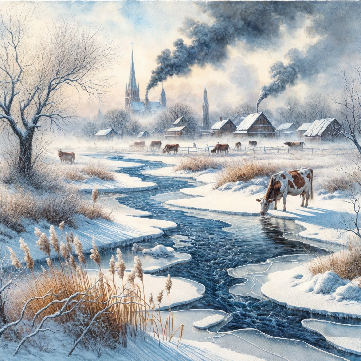 Winter Landscape with River and Grazing Cows