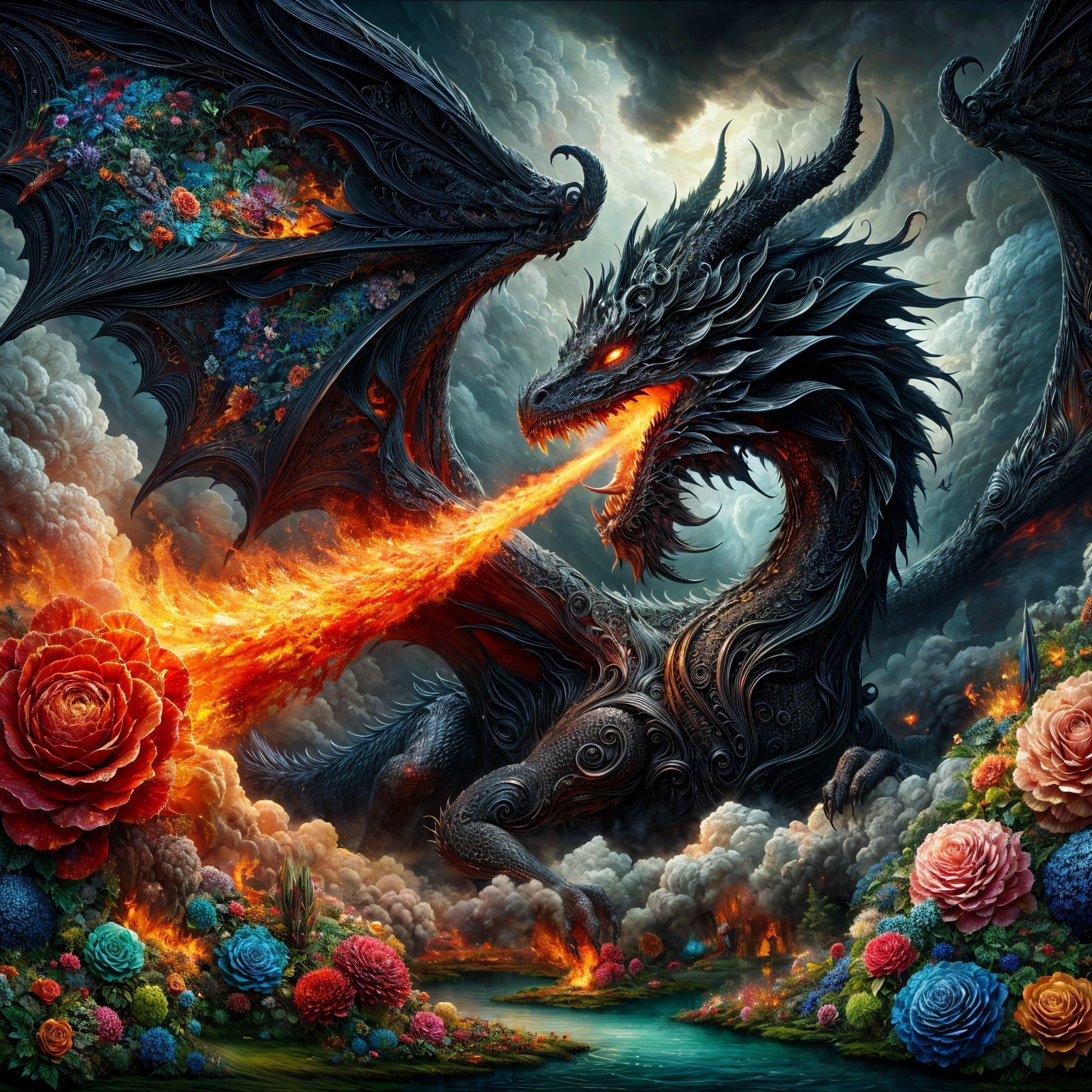 Floral Dragon in a Mystical Landscape
