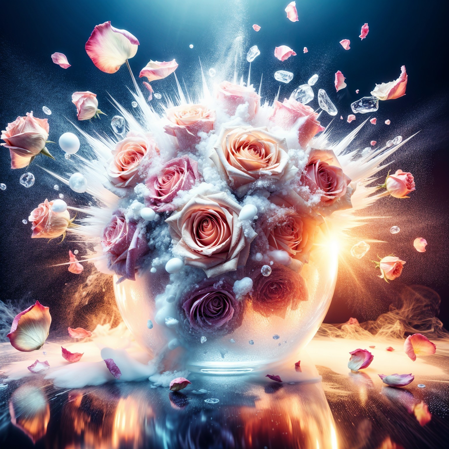 Pink Roses in Glass Vase with Petals and Droplets