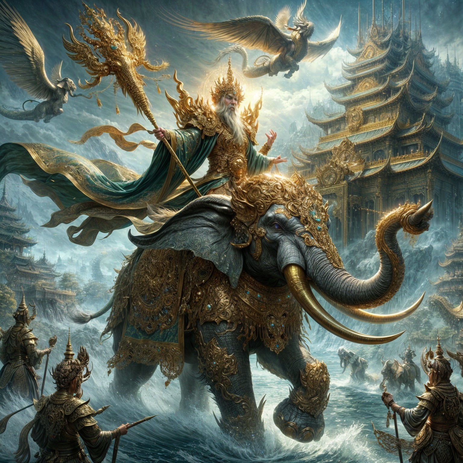 Majestic figure in golden armor on grand elephant