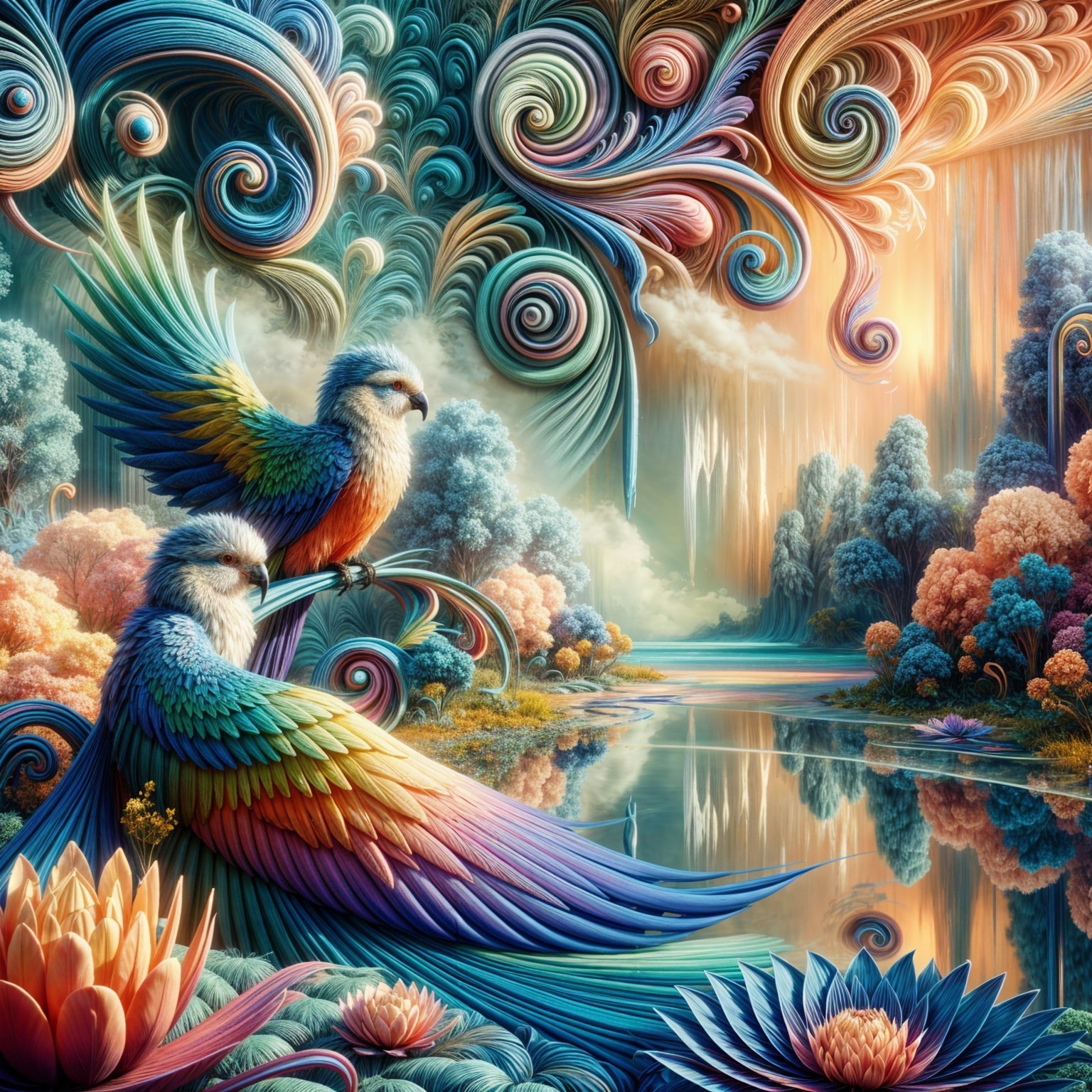 Vibrant Landscape with Colorful Birds and Lake Scene