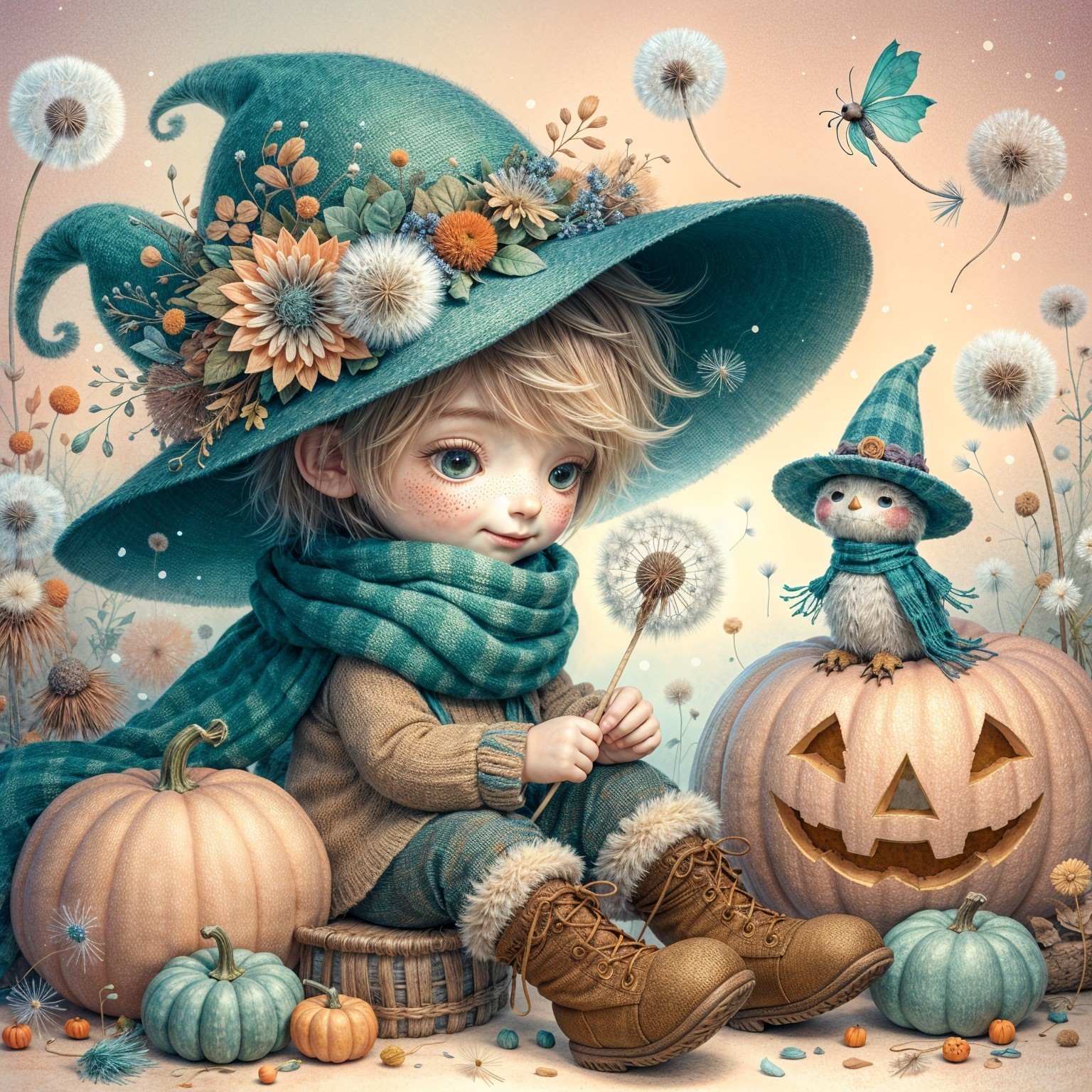 Joyful Child in Witch Hat Surrounded by Pumpkins