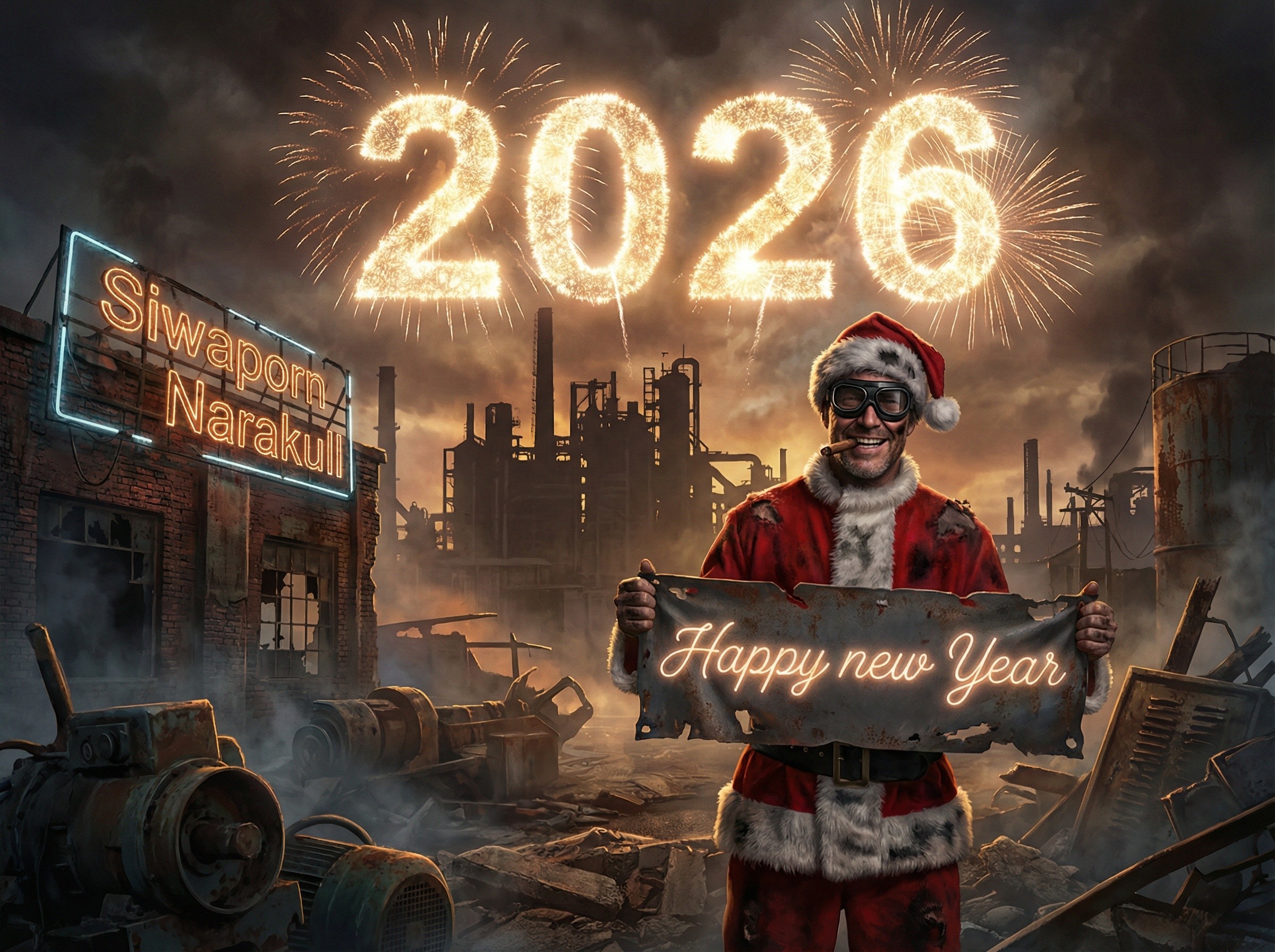 Post-apocalyptic Santa Claus in industrial wasteland